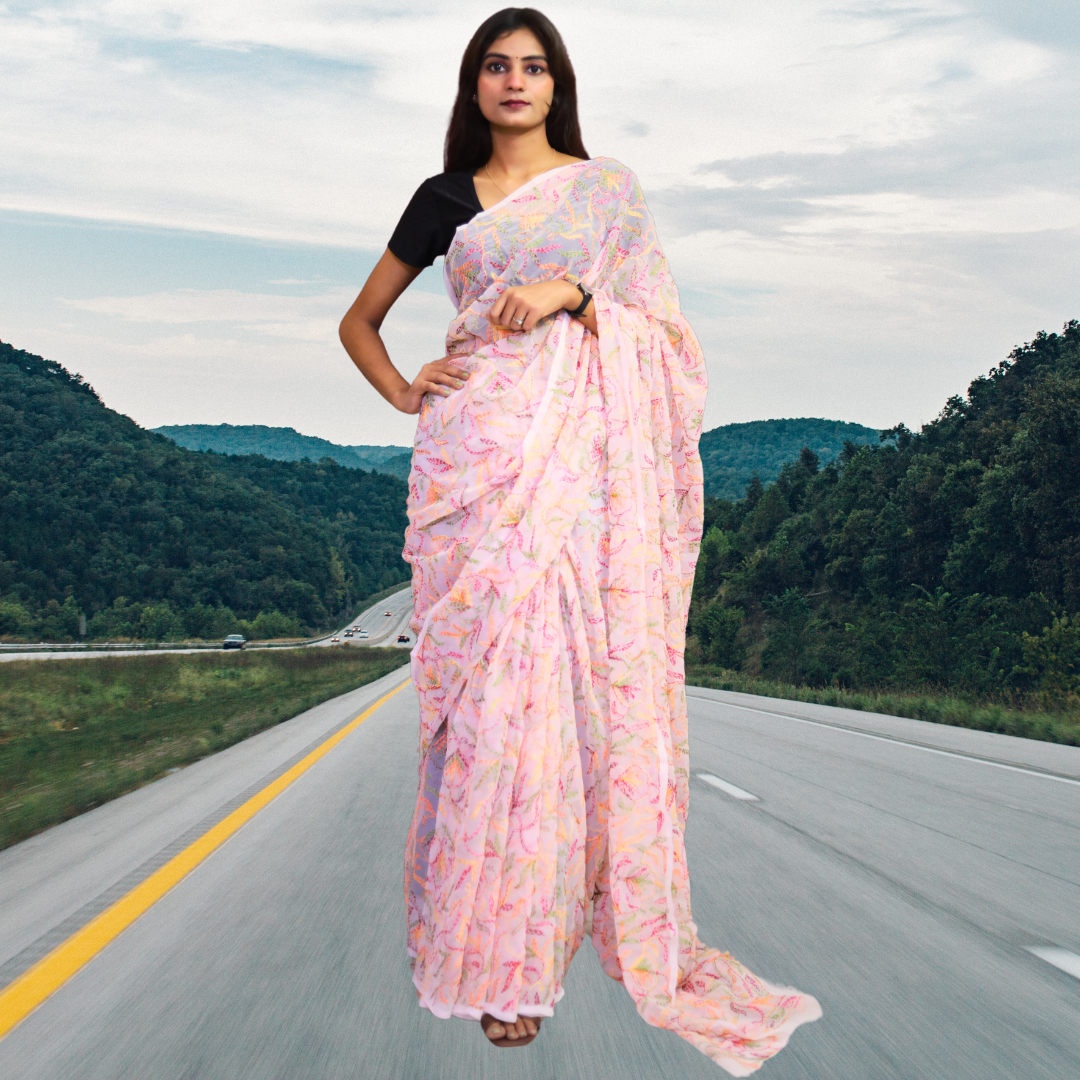 KURTIVERSE Women Chikankari Hand Embroidery Saree Blouse,Pink Multi