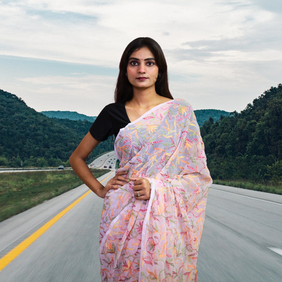 KURTIVERSE Women Chikankari Hand Embroidery Saree Blouse,Pink Multi