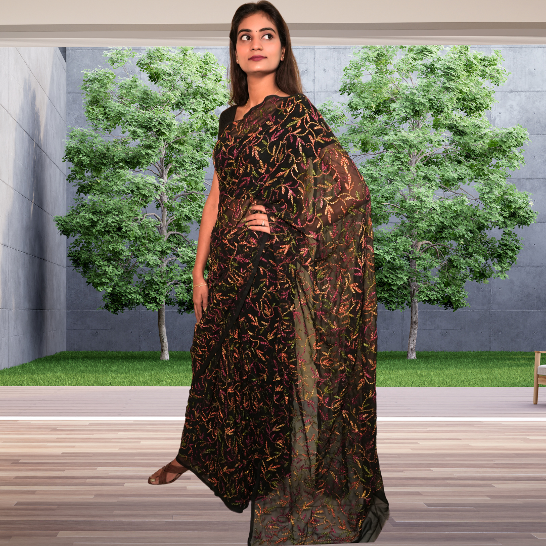 KurtiVerse Women Chikan Tepchi Embroidery Saree with Blouse Pcs