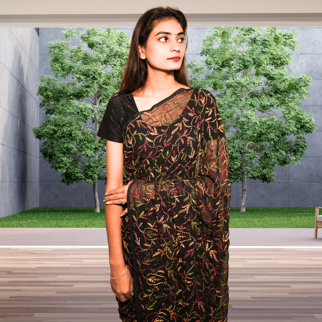 KurtiVerse Women Chikan Tepchi Embroidery Saree with Blouse Pcs