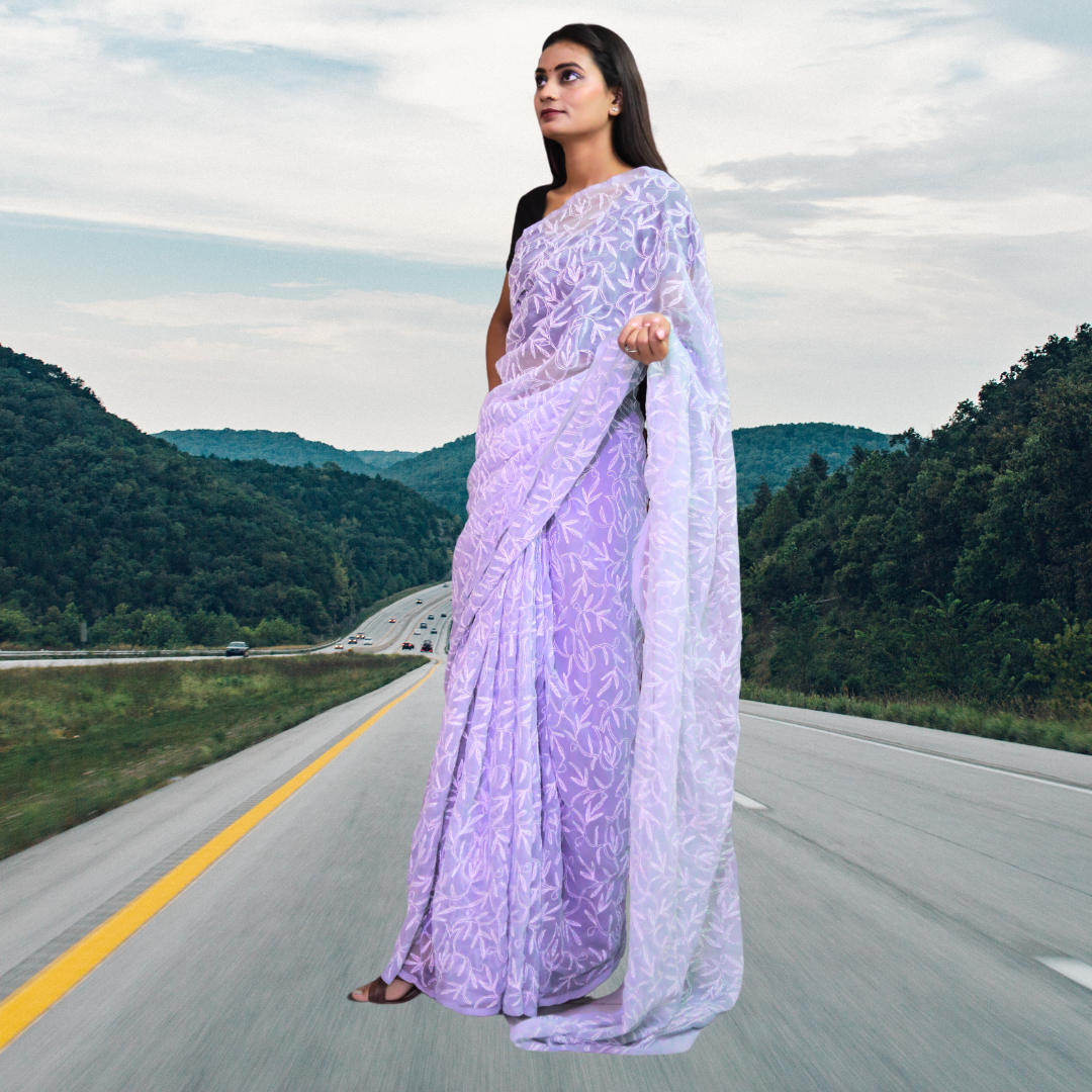 KURTIVERSE Women Chikankari Hand Embroidery Saree Blouse,Purple
