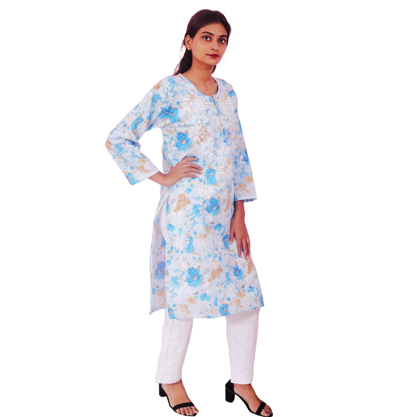 Women Printed Cotton Kurti with Embroidery Machine Work Kurta Top