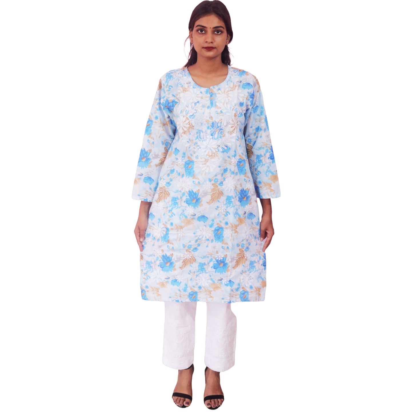 Women Printed Cotton Kurti with Embroidery Machine Work Kurta Top