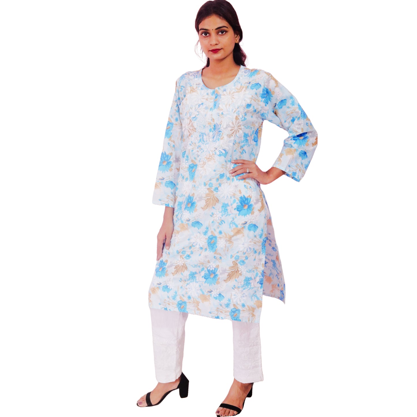 Women Printed Cotton Kurti with Embroidery Machine Work Kurta Top