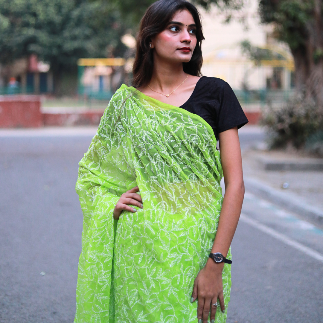 KURTIVERSE Women Chikankari Hand Embroidery Saree Blouse, Green