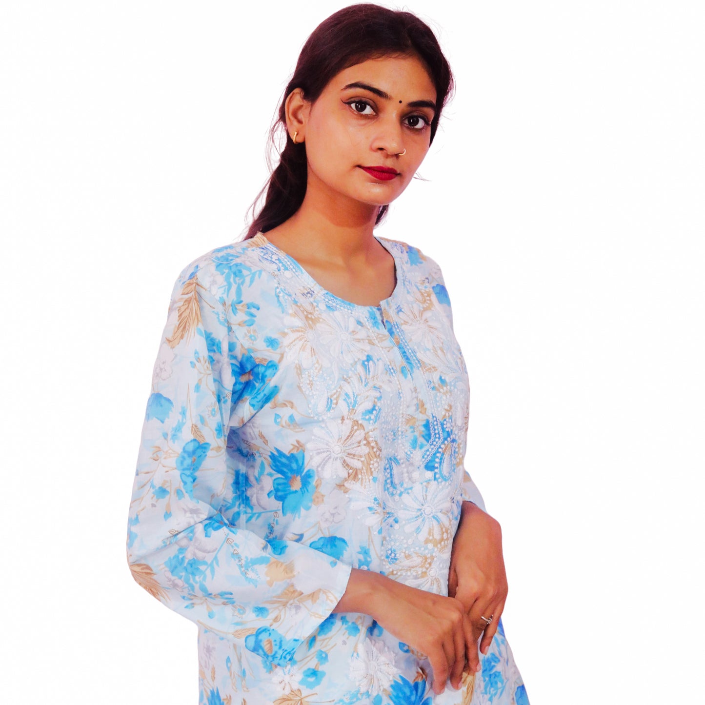 Women Printed Cotton Kurti with Embroidery Machine Work Kurta Top