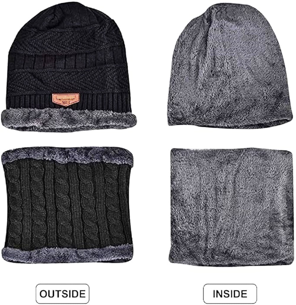 KURTIVERSE Grey & Black Woolen Cap Neck Warmer Set Combo Pack Of 2