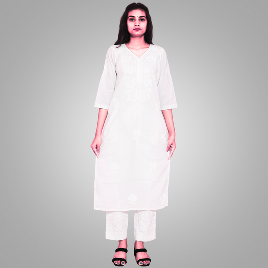KURTIVERSE White Pure Cotton V Neck Kurti Women Chikankari Kurta