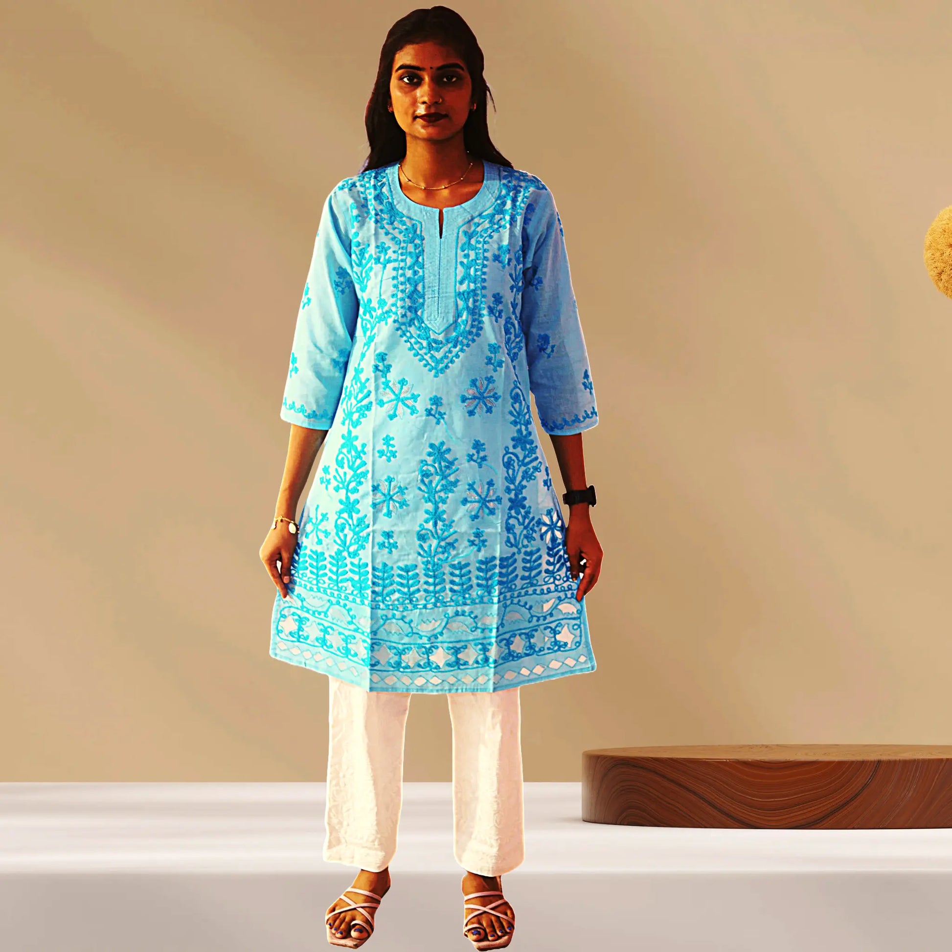 Chikan Cotton Kurti for Women with Net Embroidery Diwali Dress KurtiVerse