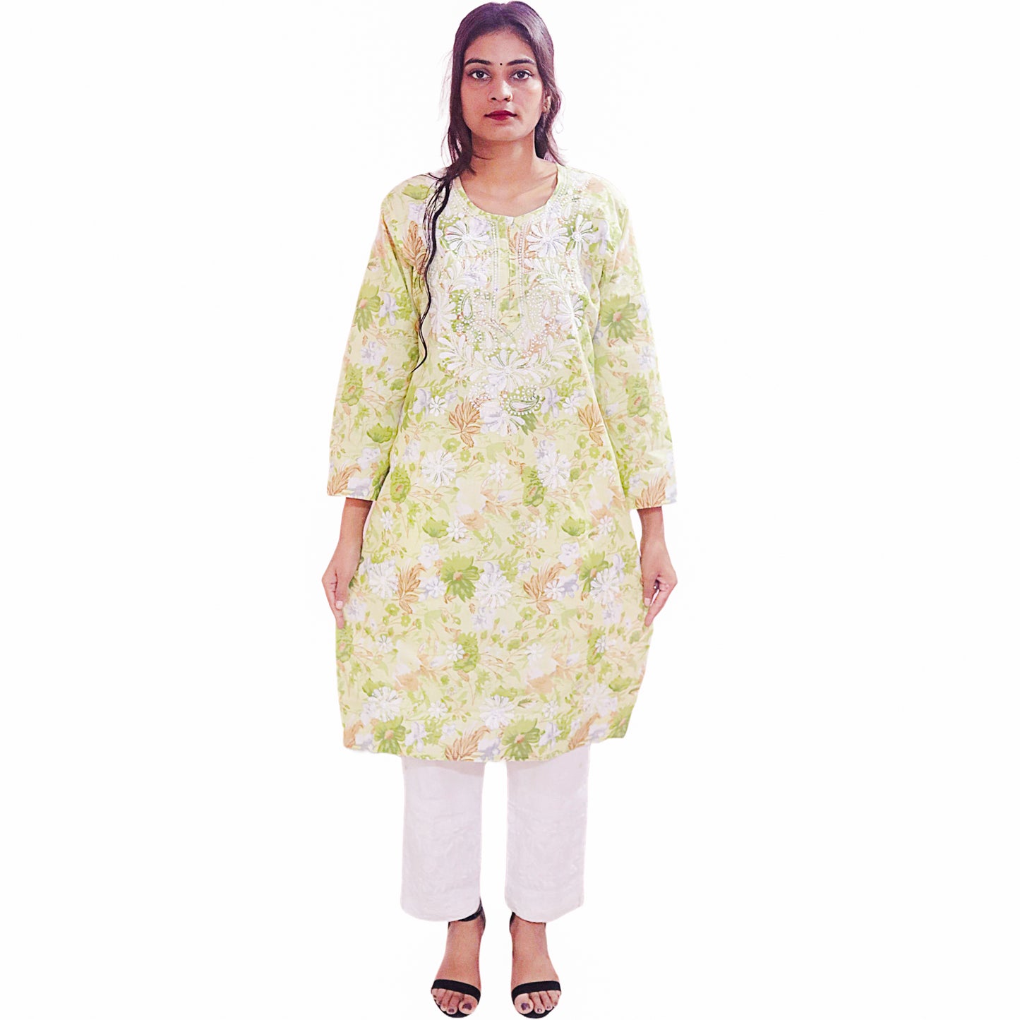 Women Printed Cotton Kurti with Embroidery Machine Work Kurta Top