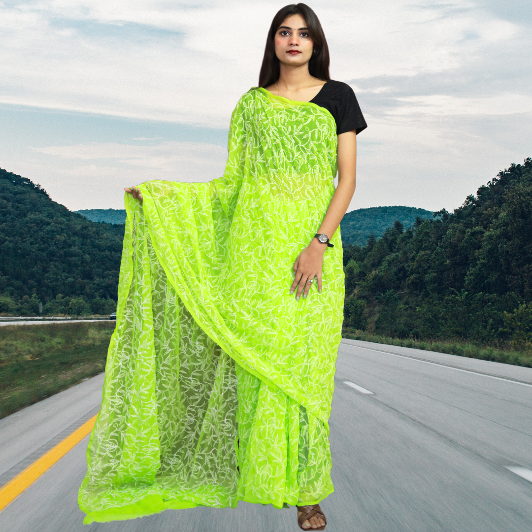 KURTIVERSE Women Chikankari Hand Embroidery Saree Blouse, Pista Green