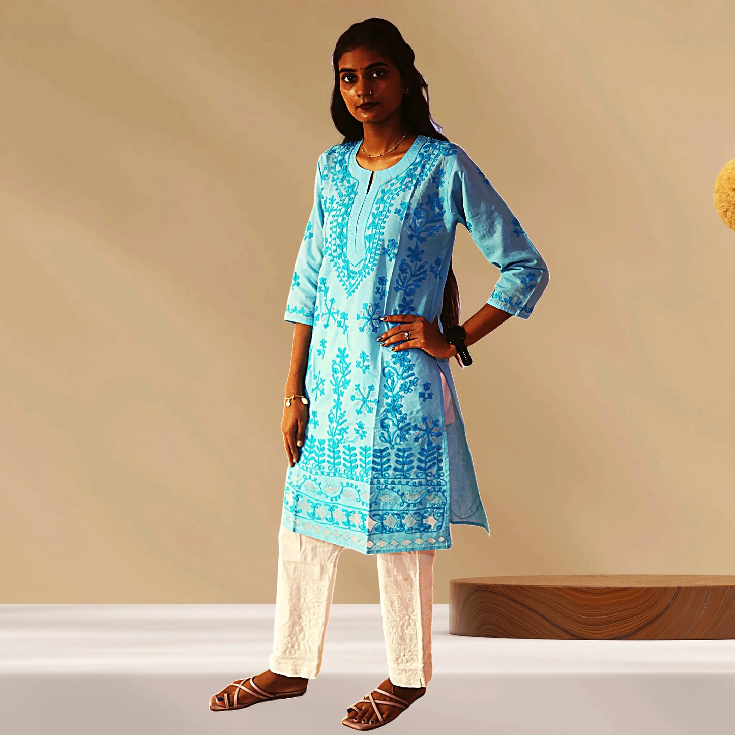 Chikan Cotton Kurti for Women with Net Embroidery Diwali Dress KurtiVerse