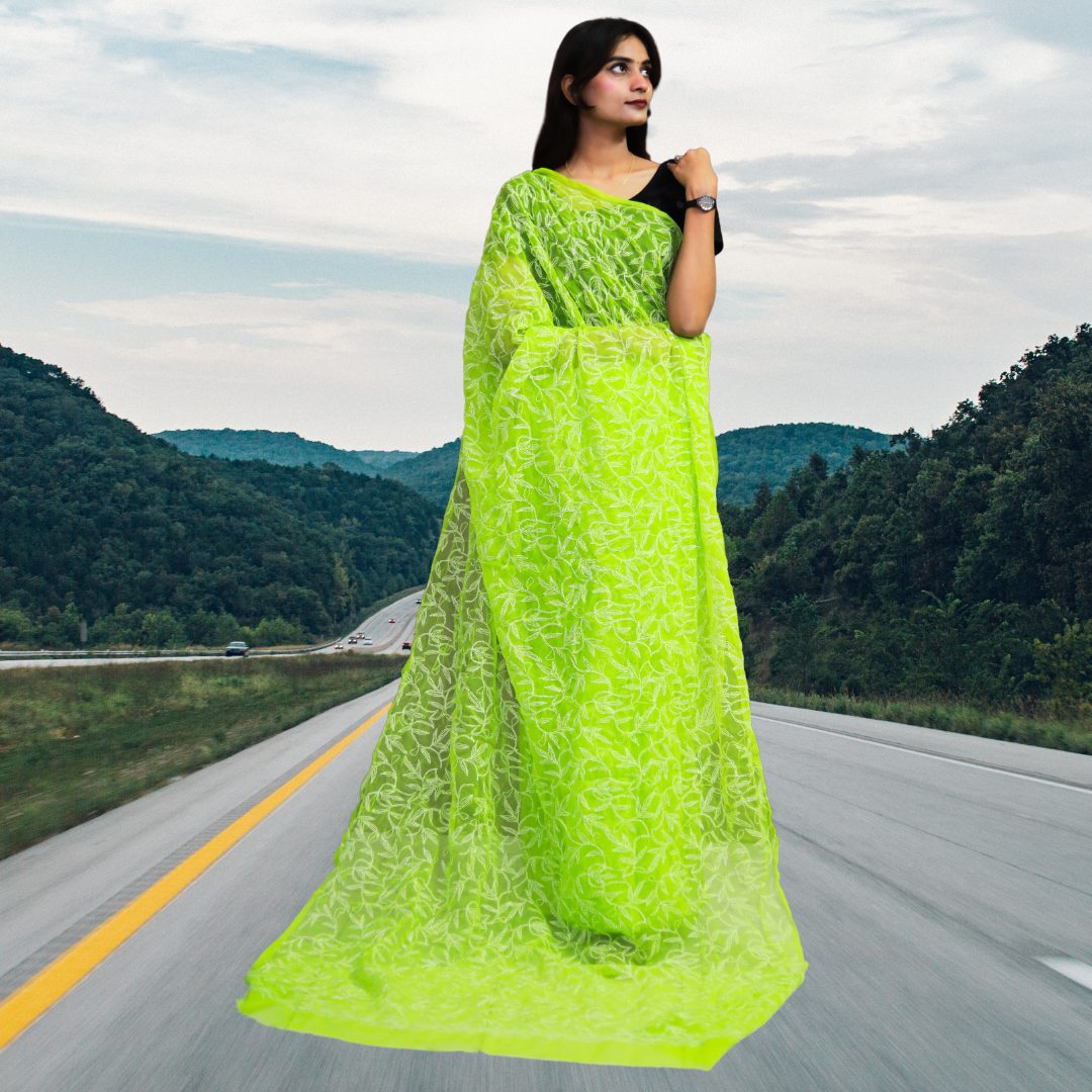 KURTIVERSE Women Chikankari Hand Embroidery Saree Blouse, Pista Green