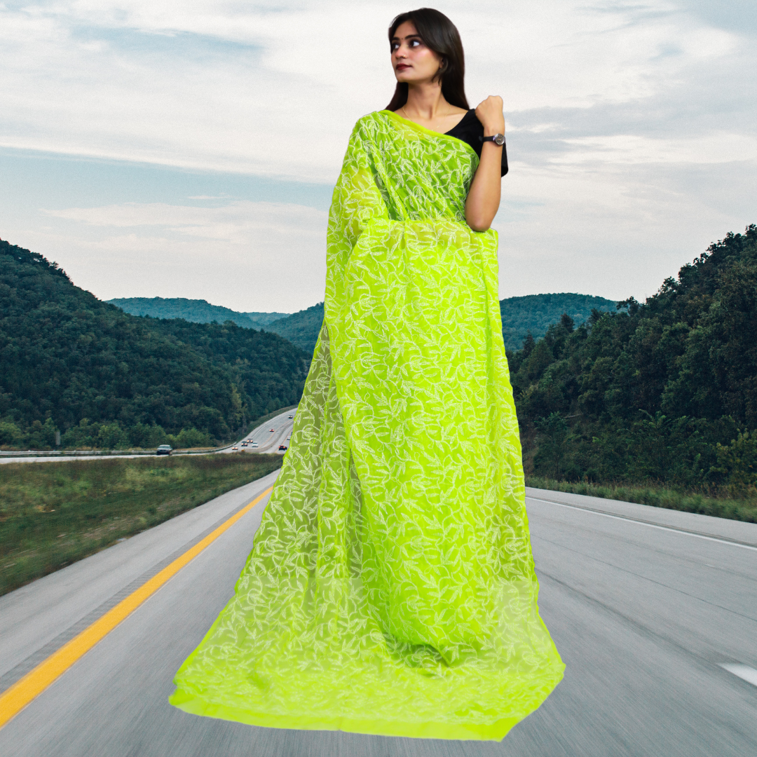 KURTIVERSE Women Chikankari Hand Embroidery Saree Blouse, Pista Green