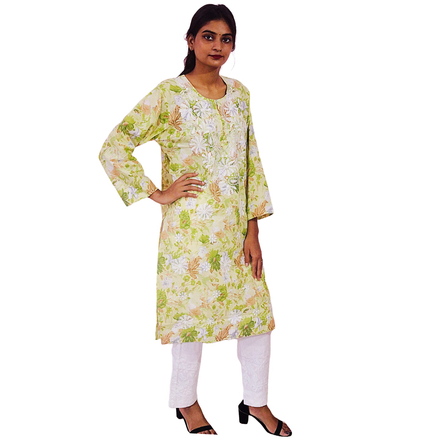 Women Printed Cotton Kurti with Embroidery Machine Work Kurta Top