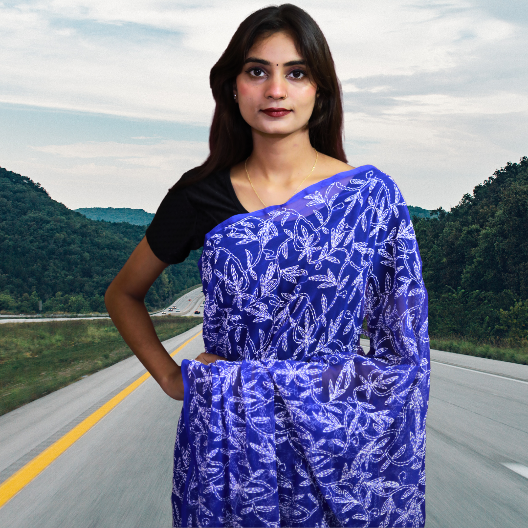 KURTIVERSE Women Chikankari Hand Embroidery Saree Blouse, Royal Blue