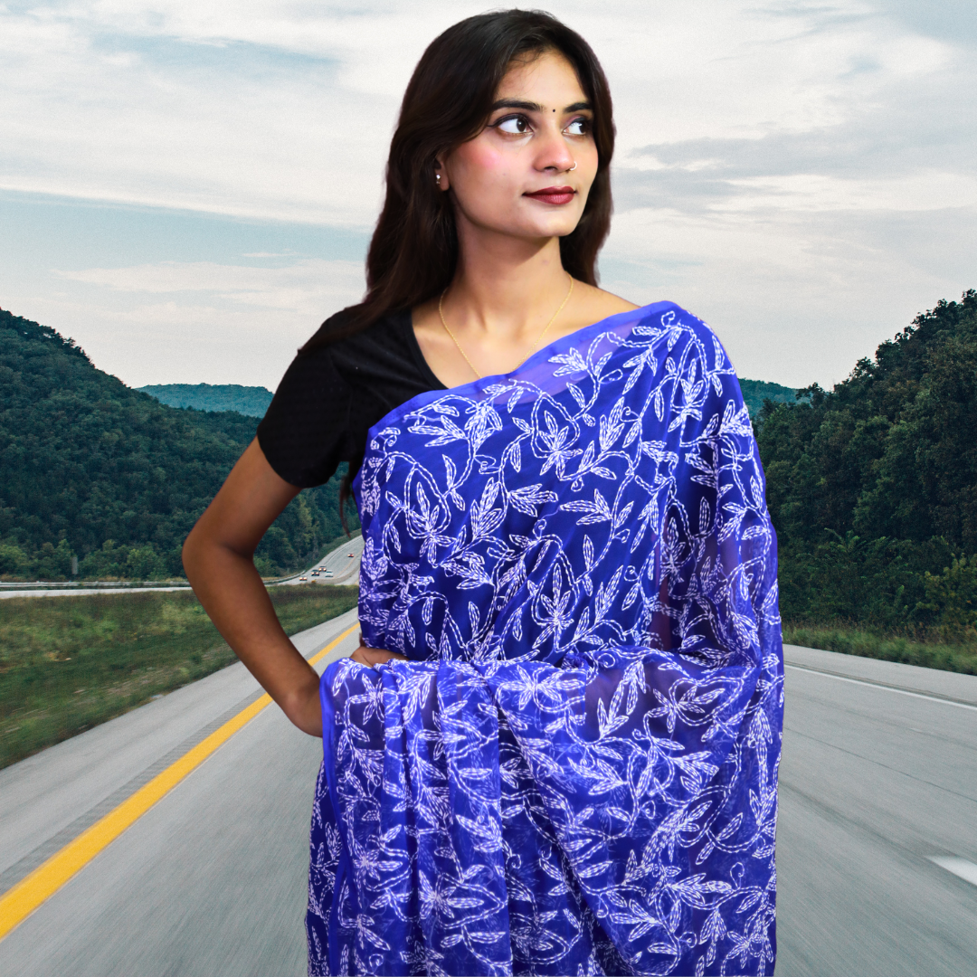 KURTIVERSE Women Chikankari Hand Embroidery Saree Blouse, Royal Blue