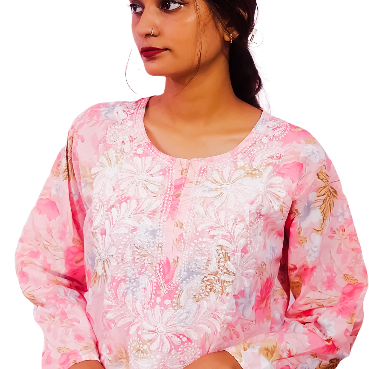 Women Printed Cotton Kurti with Embroidery Machine Work Kurta Top