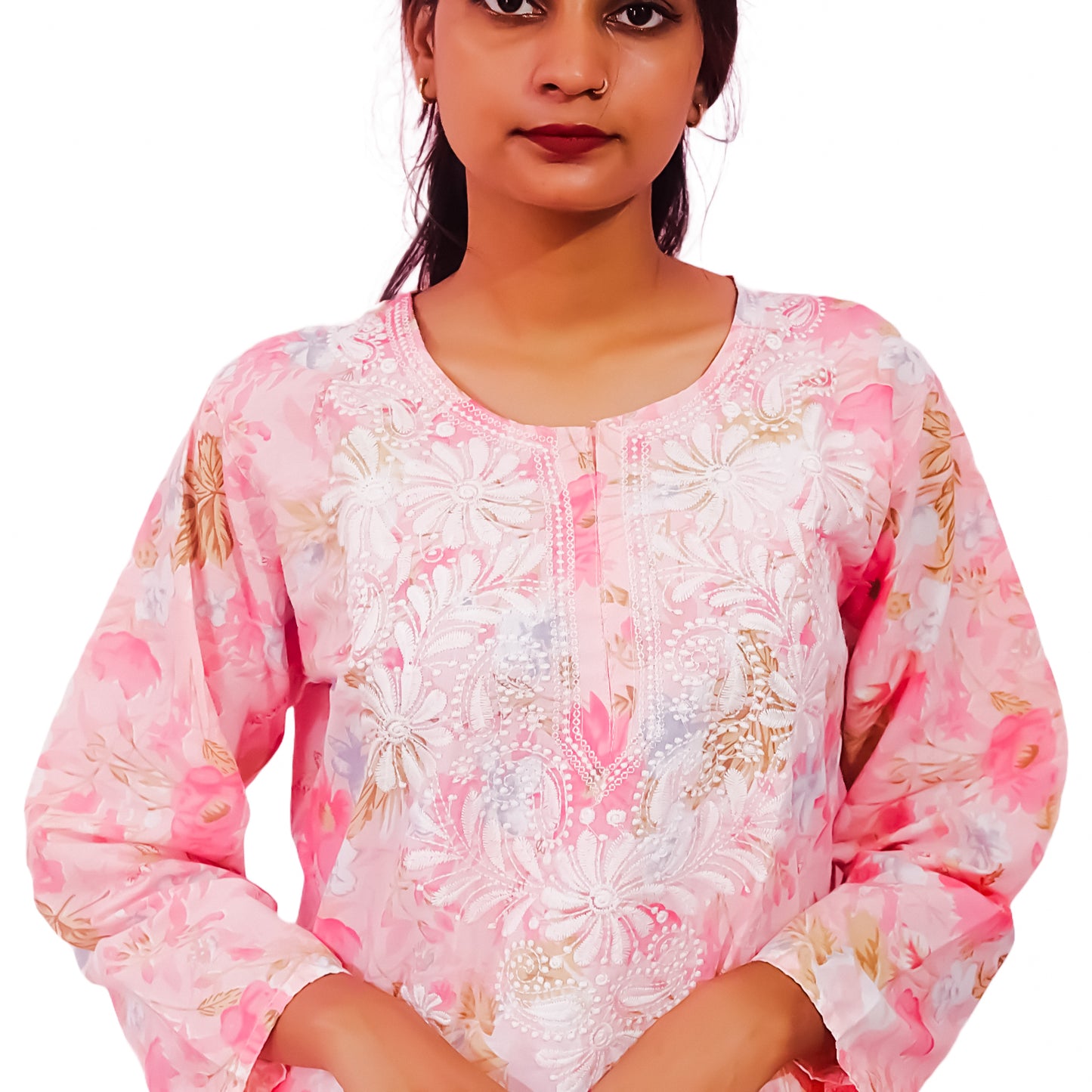 Women Printed Cotton Kurti with Embroidery Machine Work Kurta Top