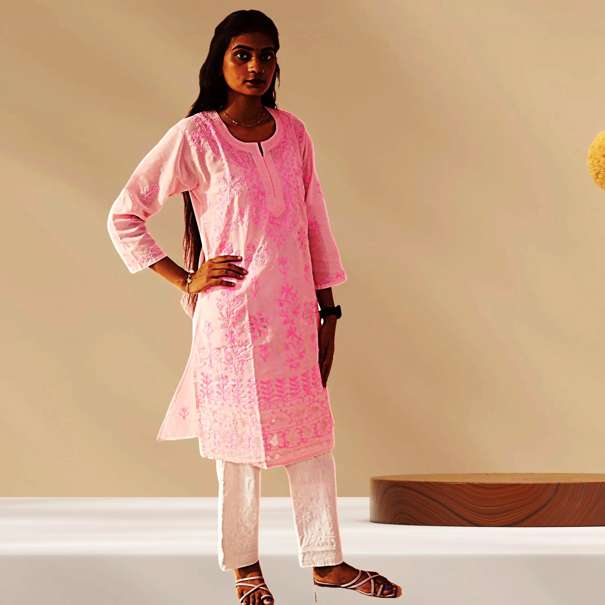 Chikan Cotton Kurti for Women with Net Embroidery Diwali Dress KurtiVerse