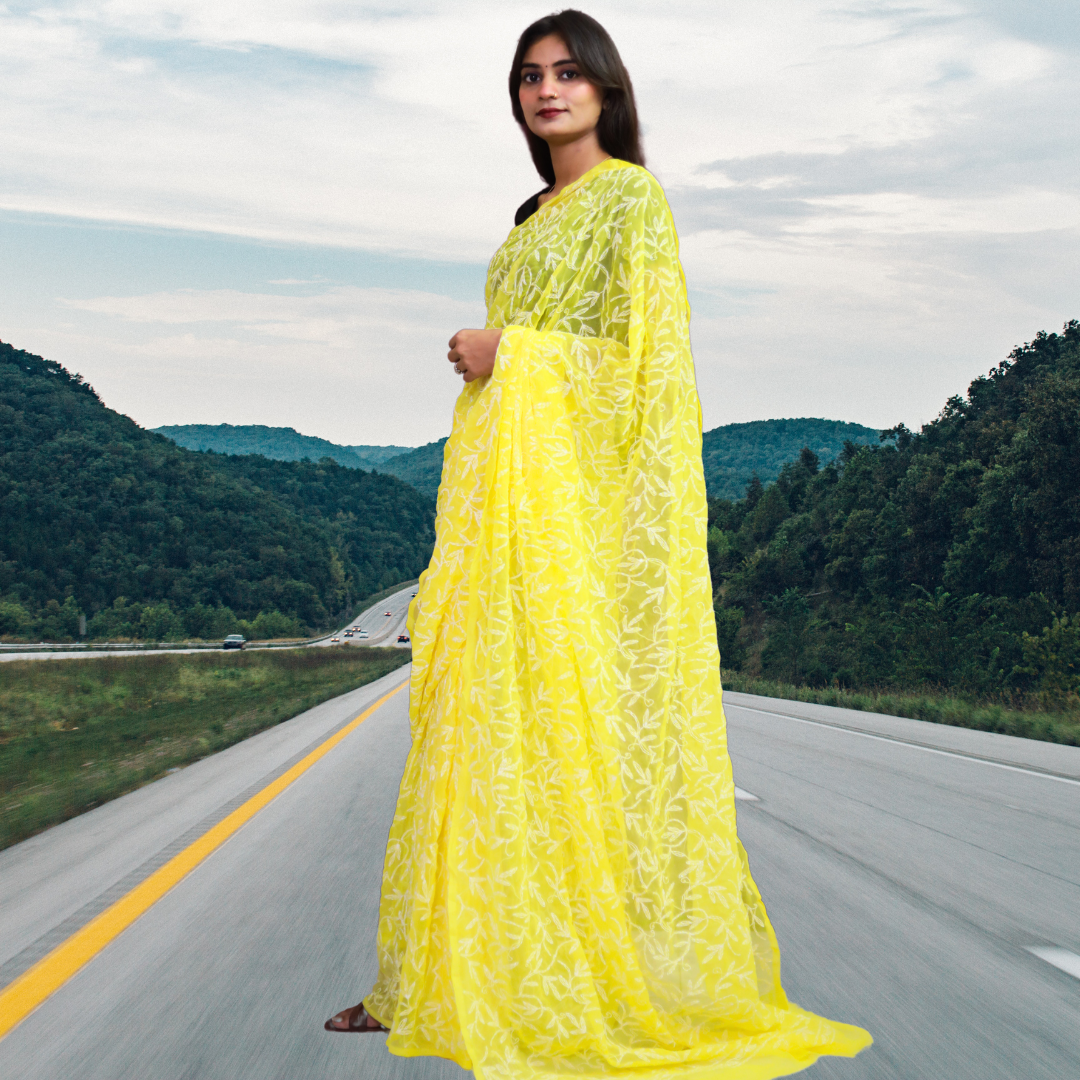 KURTIVERSE Women Chikankari Hand Embroidery Saree Blouse, Yellow