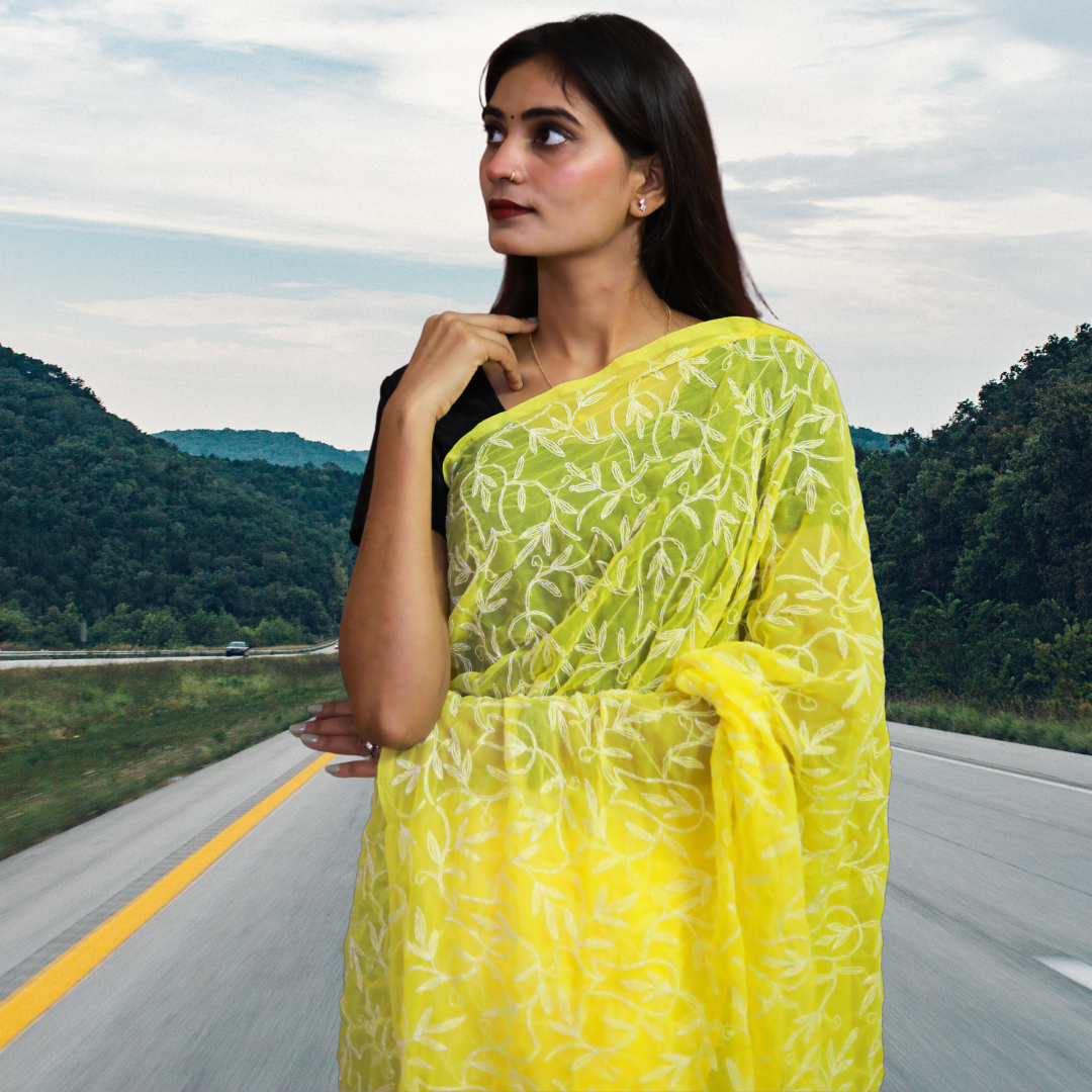 KURTIVERSE Women Chikankari Hand Embroidery Saree Blouse, Yellow