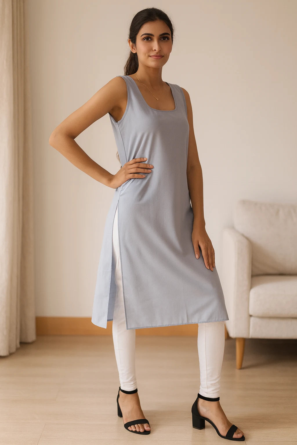 KURTIVERSE Women’s Poly Cotton Long Inner Slip Combo Pack of 2 with Side Slit | Dark Grey & White