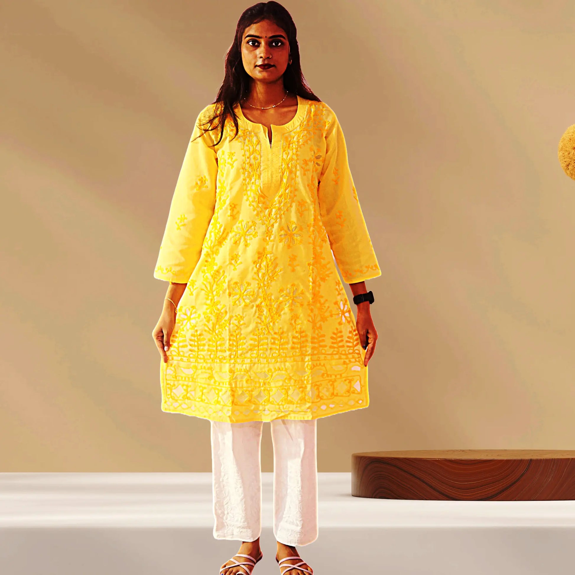 Chikan Cotton Kurti for Women with Net Embroidery Diwali Dress KurtiVerse