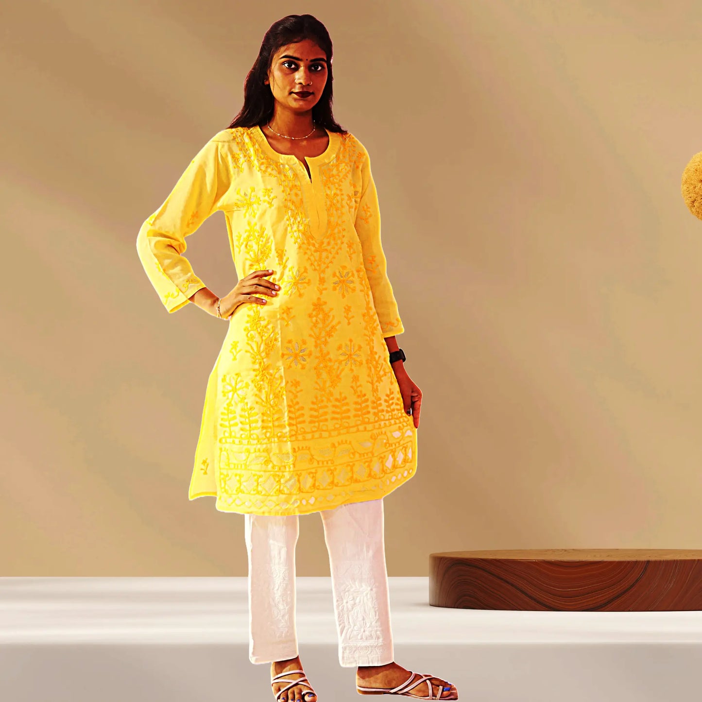 Chikan Cotton Kurti for Women with Net Embroidery Diwali Dress KurtiVerse