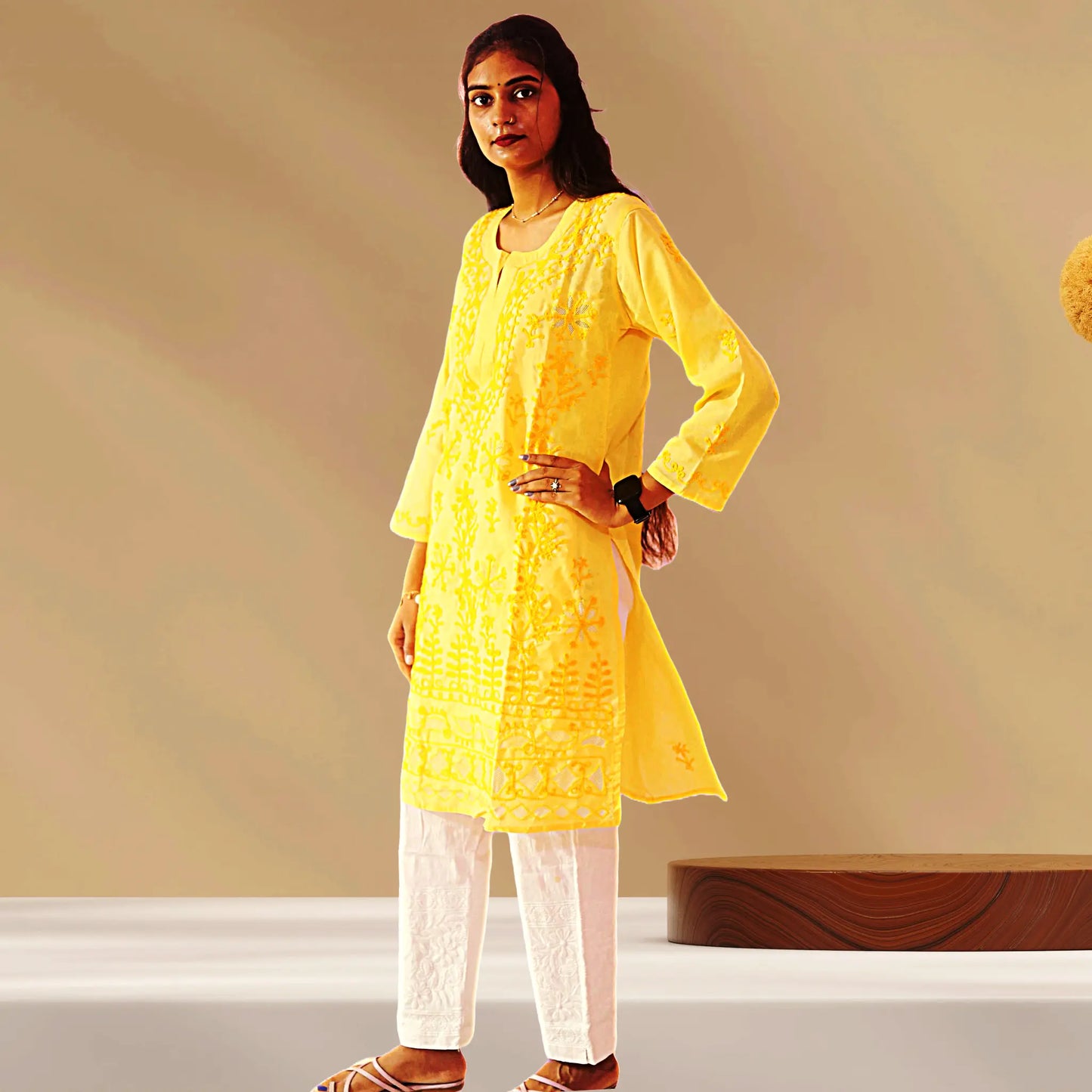 Chikan Cotton Kurti for Women with Net Embroidery Diwali Dress KurtiVerse