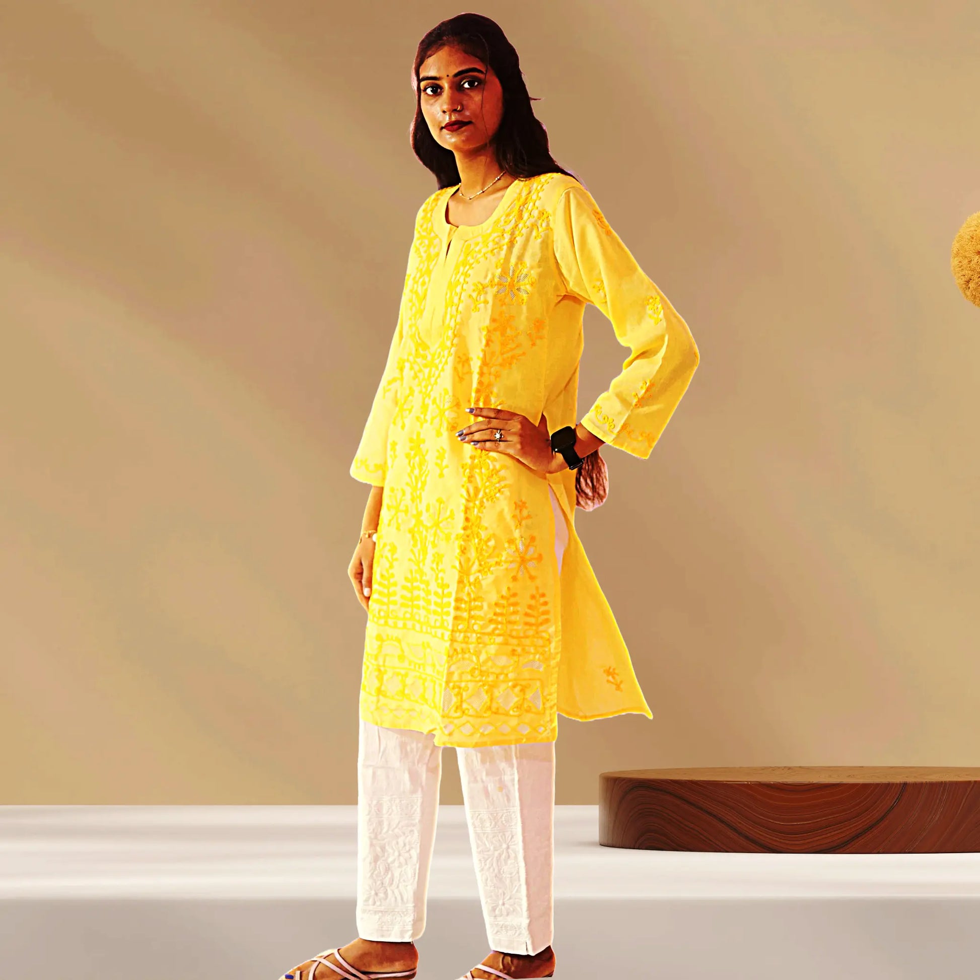 Chikan Cotton Kurti for Women with Net Embroidery Diwali Dress KurtiVerse