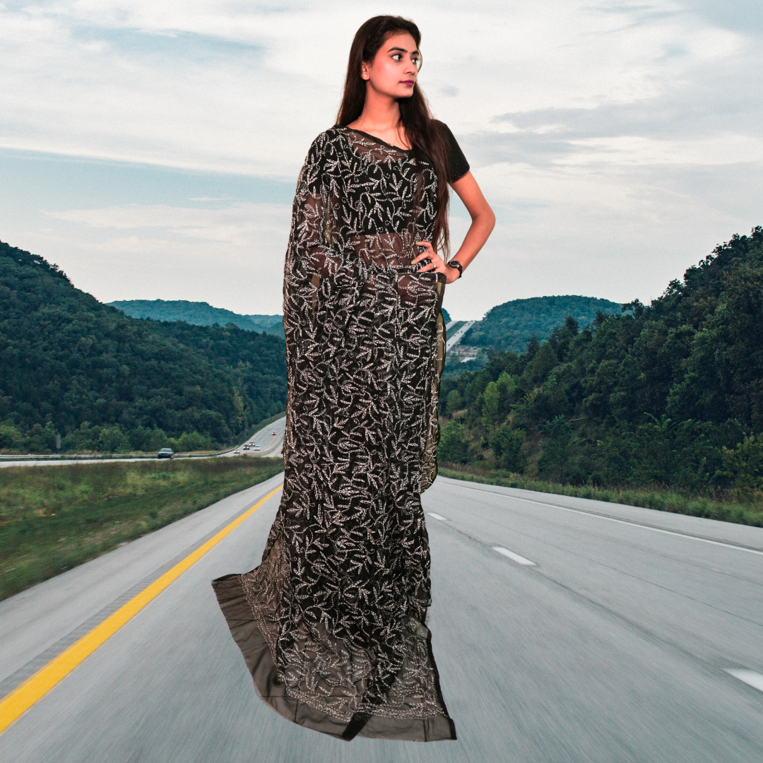 KURTIVERSE Women Chikankari Hand Embroidery Saree Blouse, Black