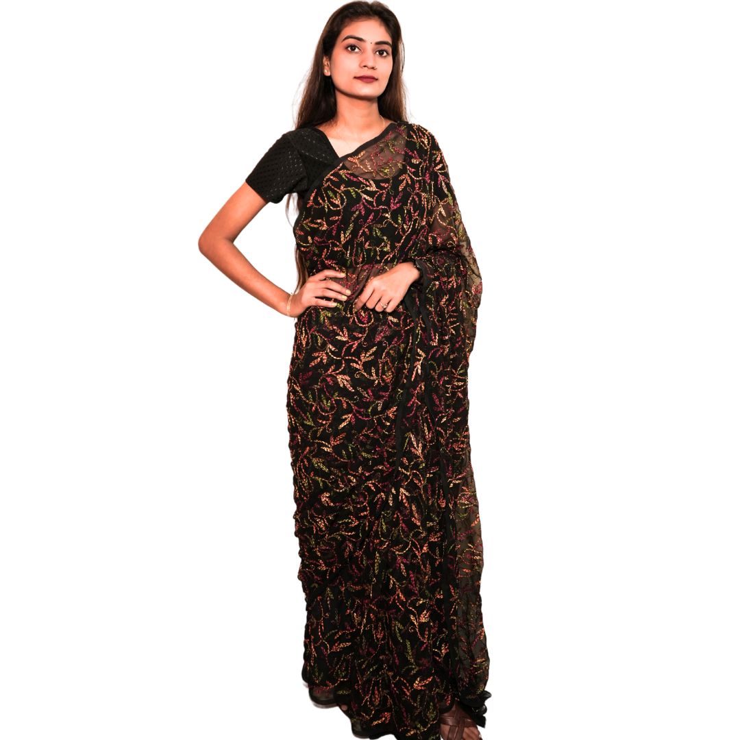 KURTIVERSE Women Chikankari Hand Embroidery Saree Blouse, Black Multi