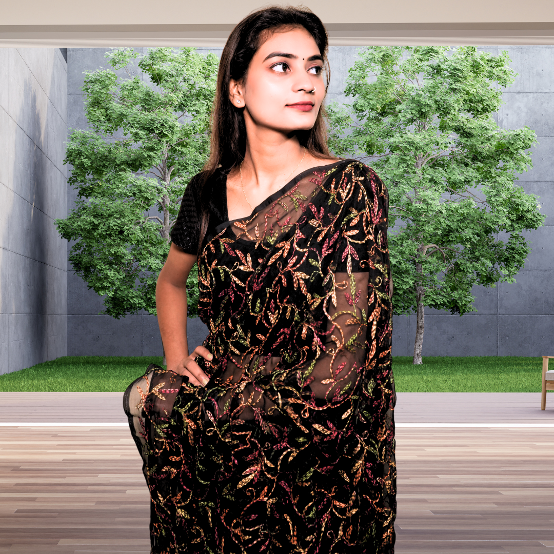 KURTIVERSE Women Chikankari Hand Embroidery Saree Blouse, Black Multi