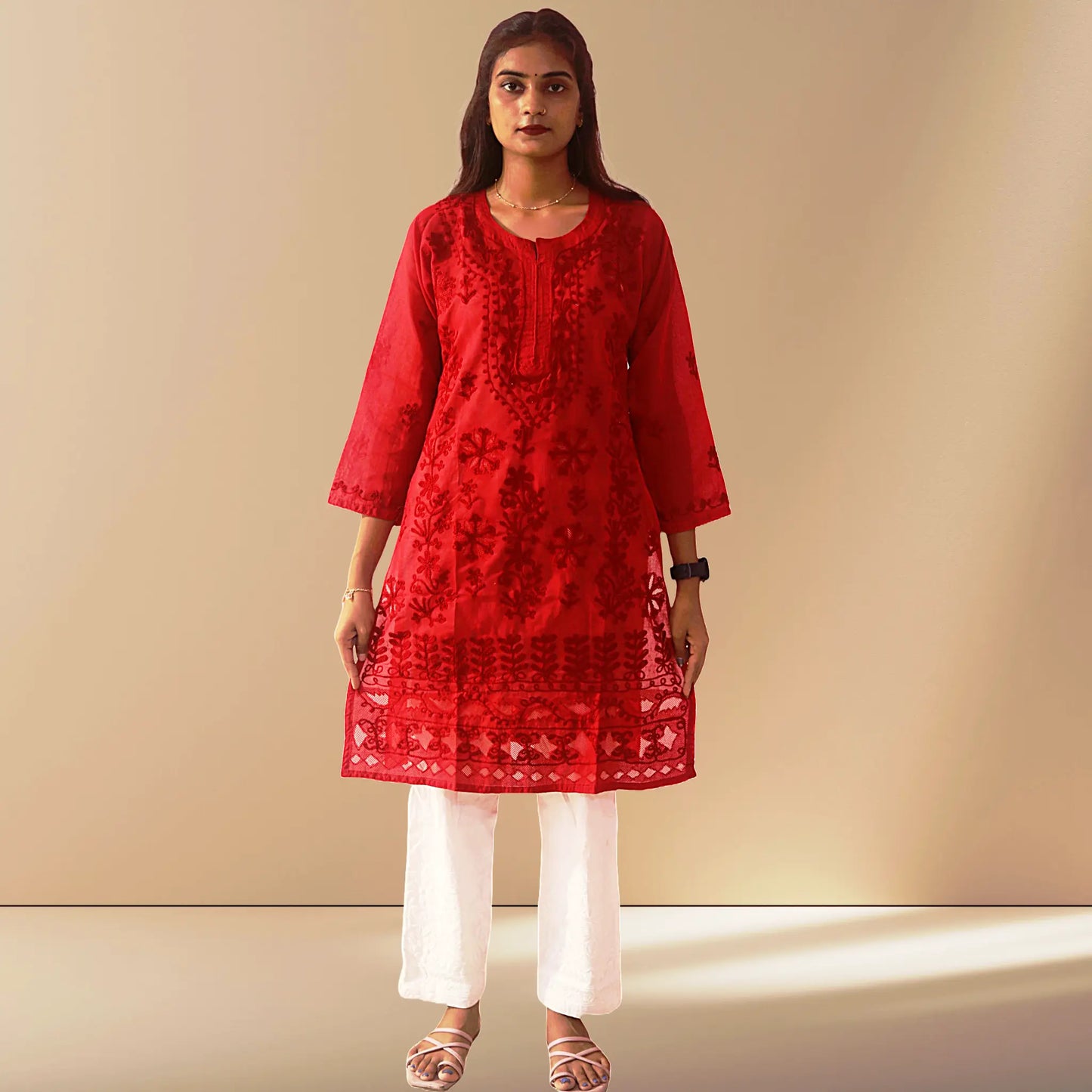 Chikan Cotton Kurti for Women with Net Embroidery Diwali Dress KurtiVerse