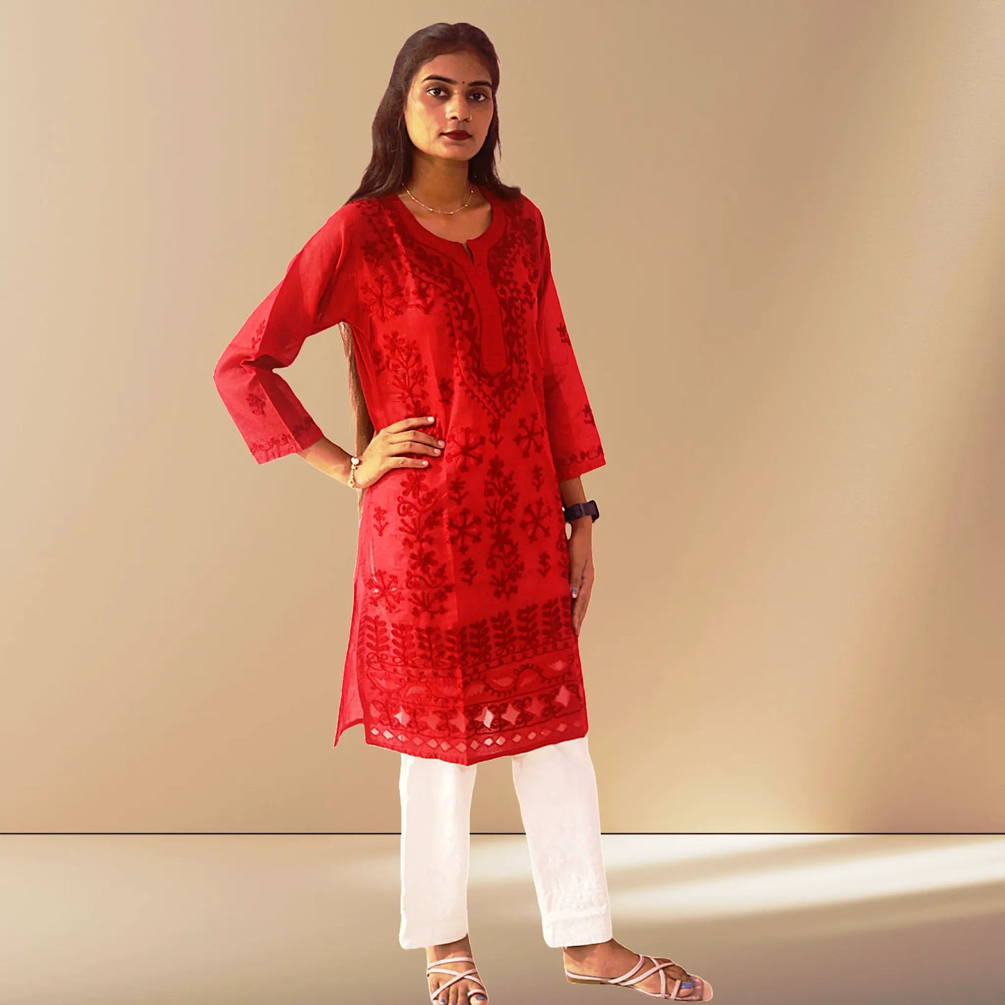 Chikan Cotton Kurti for Women with Net Embroidery Diwali Dress KurtiVerse