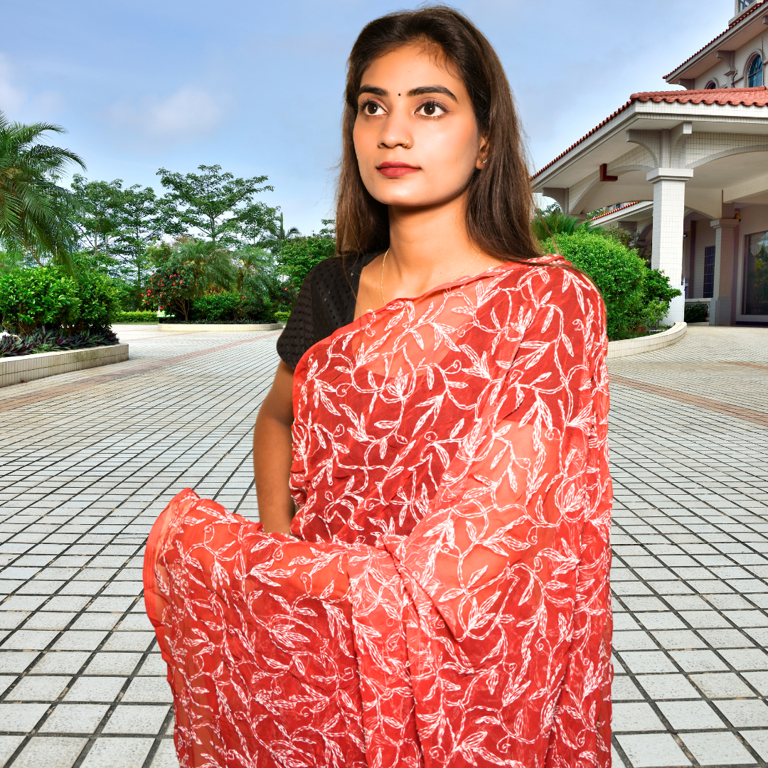 KURTIVERSE Women Chikankari Hand Embroidery Saree Blouse, Red