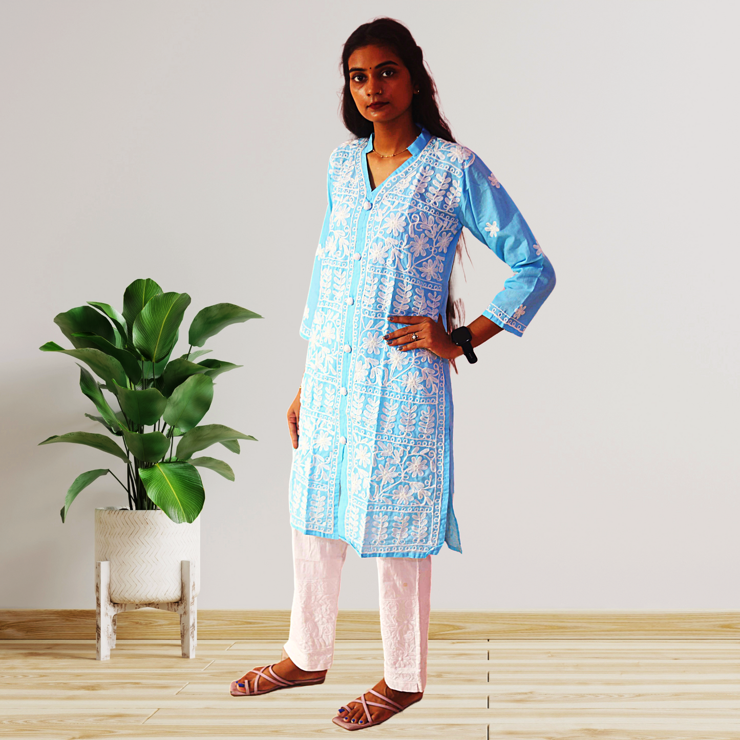 KurtiVerse White & Sky Blue Button Kurti Combo Pack Of 2