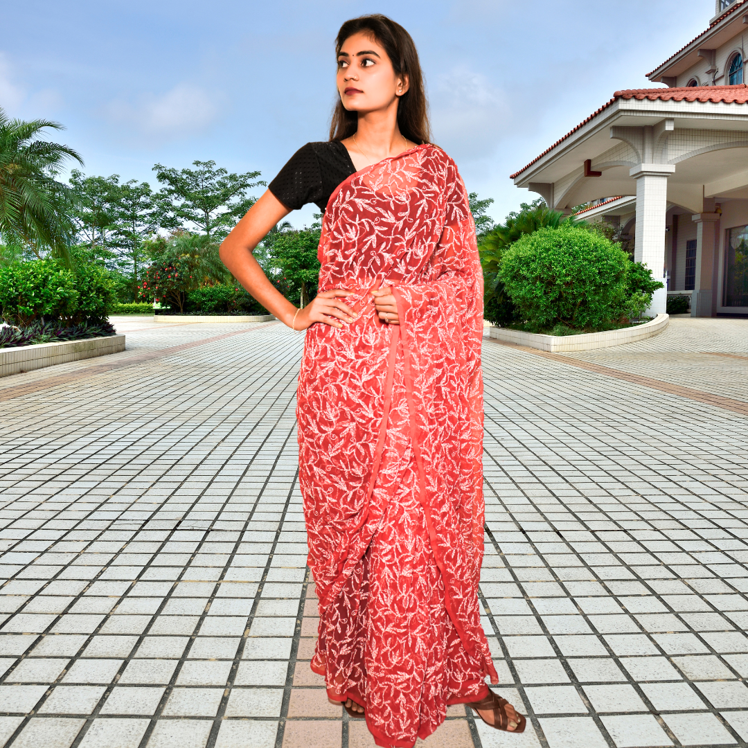 KURTIVERSE Women Chikankari Hand Embroidery Saree Blouse, Red