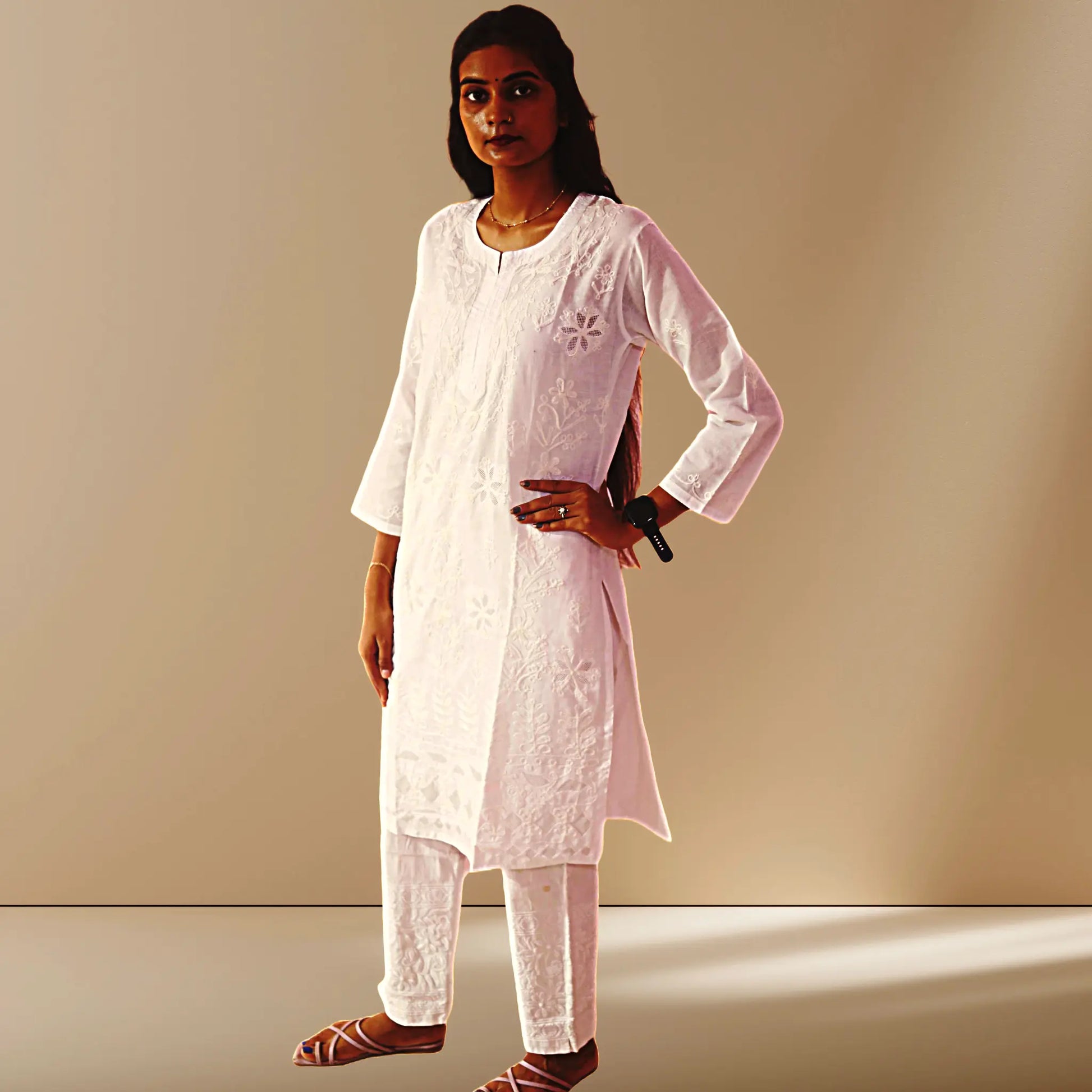 Chikan Cotton Kurti for Women with Net Embroidery Diwali Dress KurtiVerse