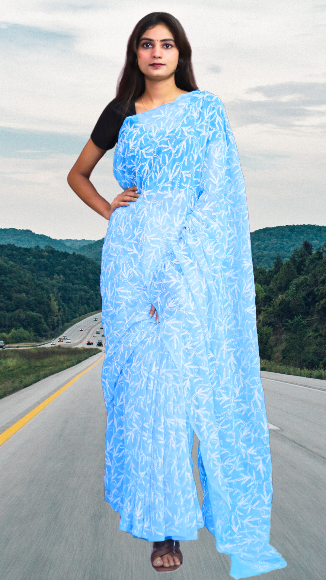 KURTIVERSE Women Chikankari Hand Embroidery Saree Blouse, Blue