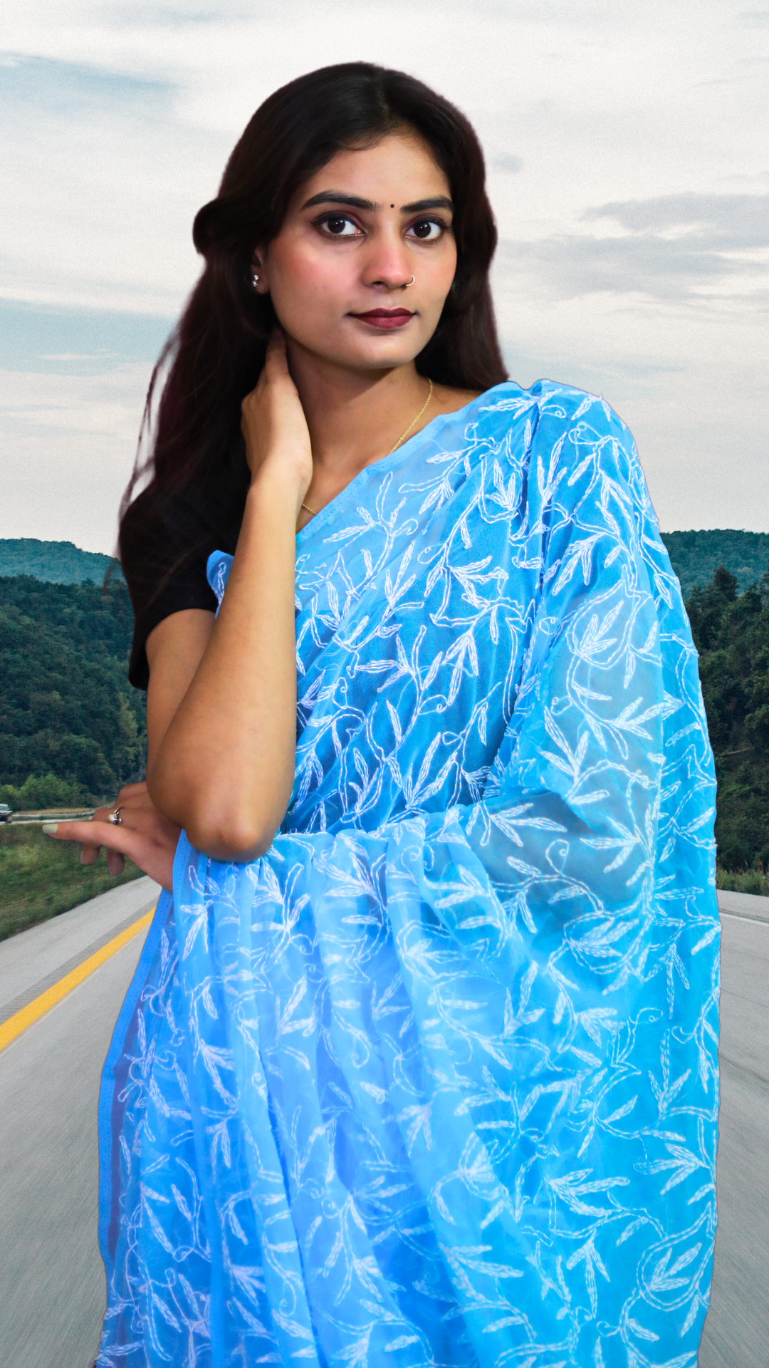 KURTIVERSE Women Chikankari Hand Embroidery Saree Blouse, Blue