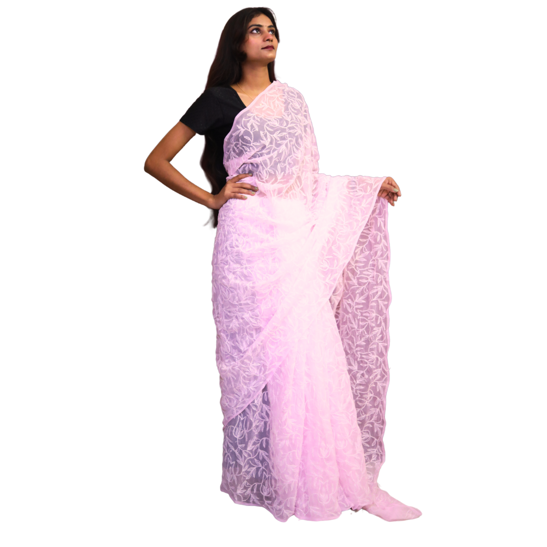 KURTIVERSE Women Chikankari Hand Embroidery Saree Blouse,Pink