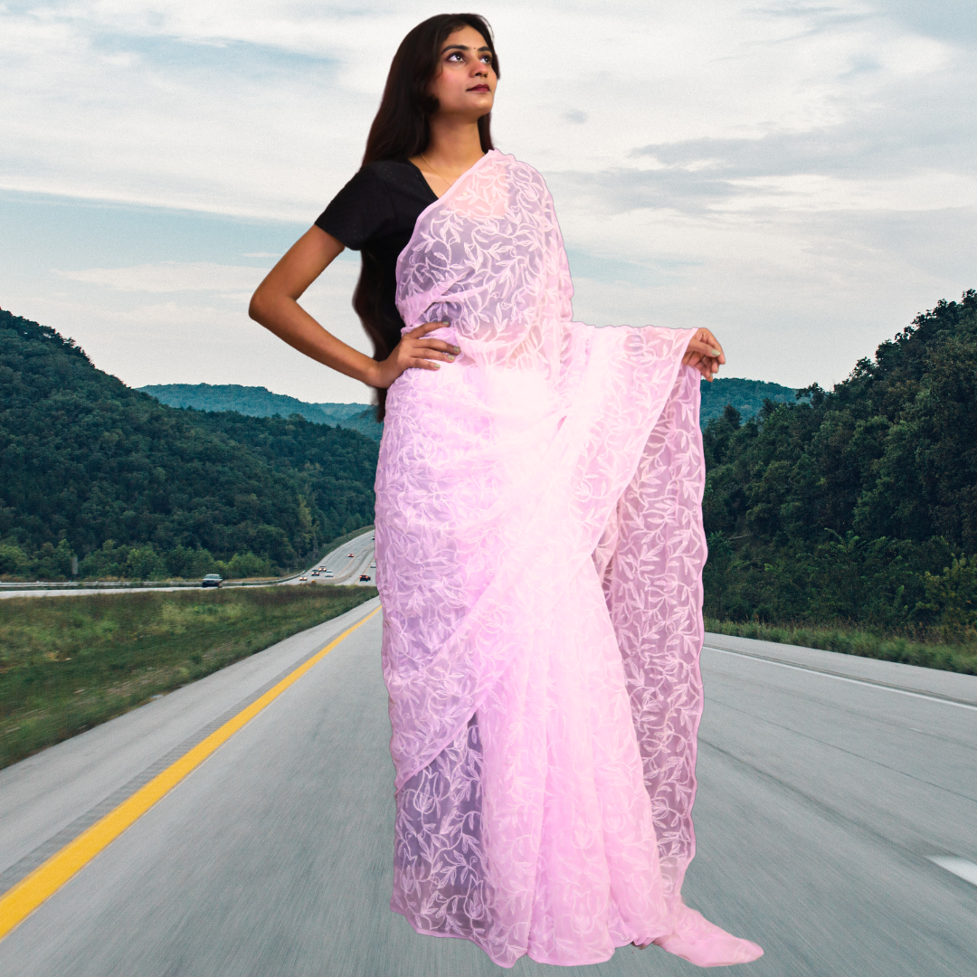 KURTIVERSE Women Chikankari Hand Embroidery Saree Blouse,Pink