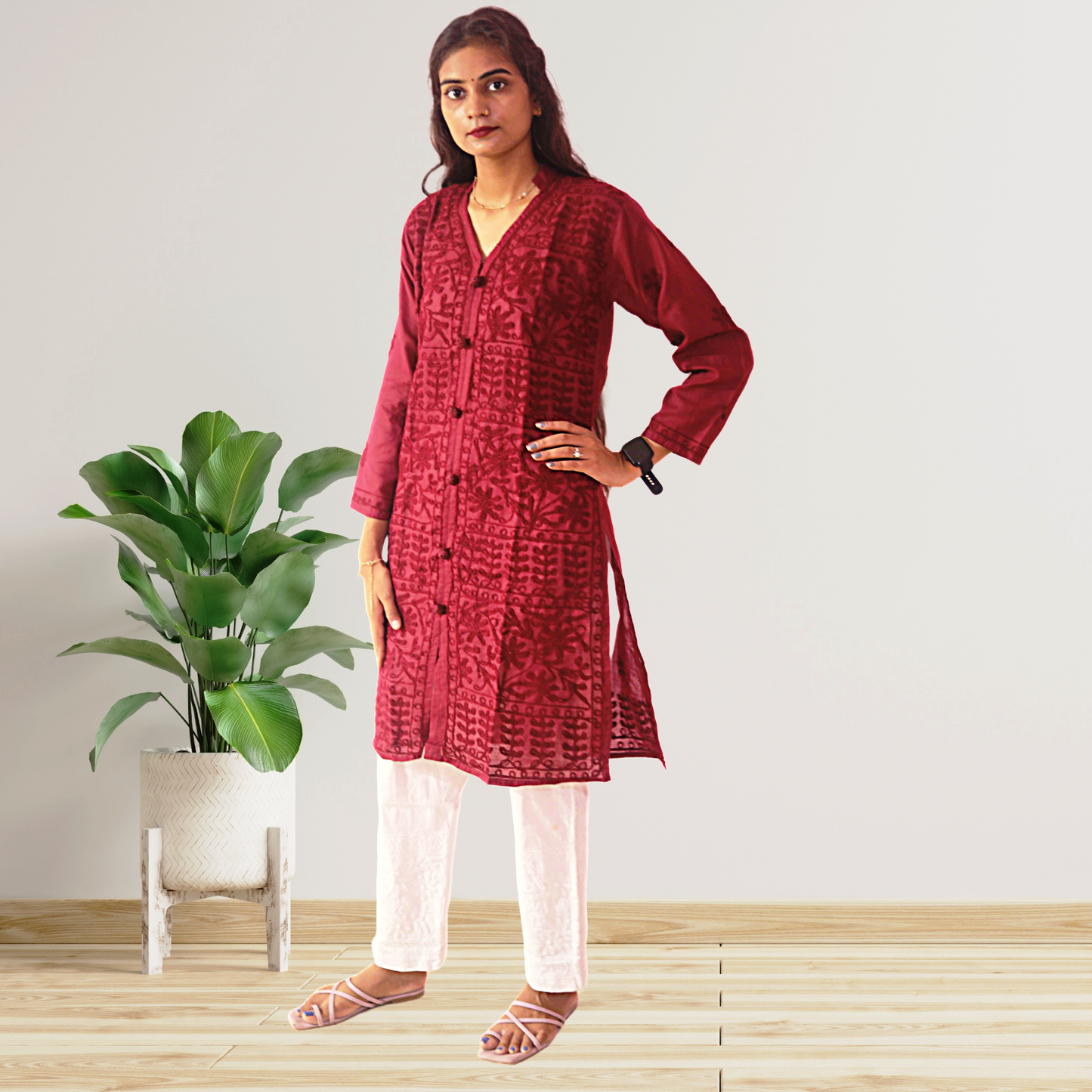 KurtiVerse White & Maroon Button Kurti Combo Pack Of 2