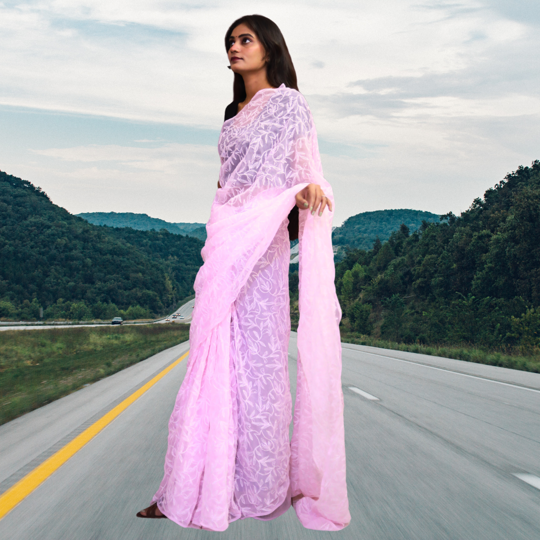 KURTIVERSE Women Chikankari Hand Embroidery Saree Blouse,Pink