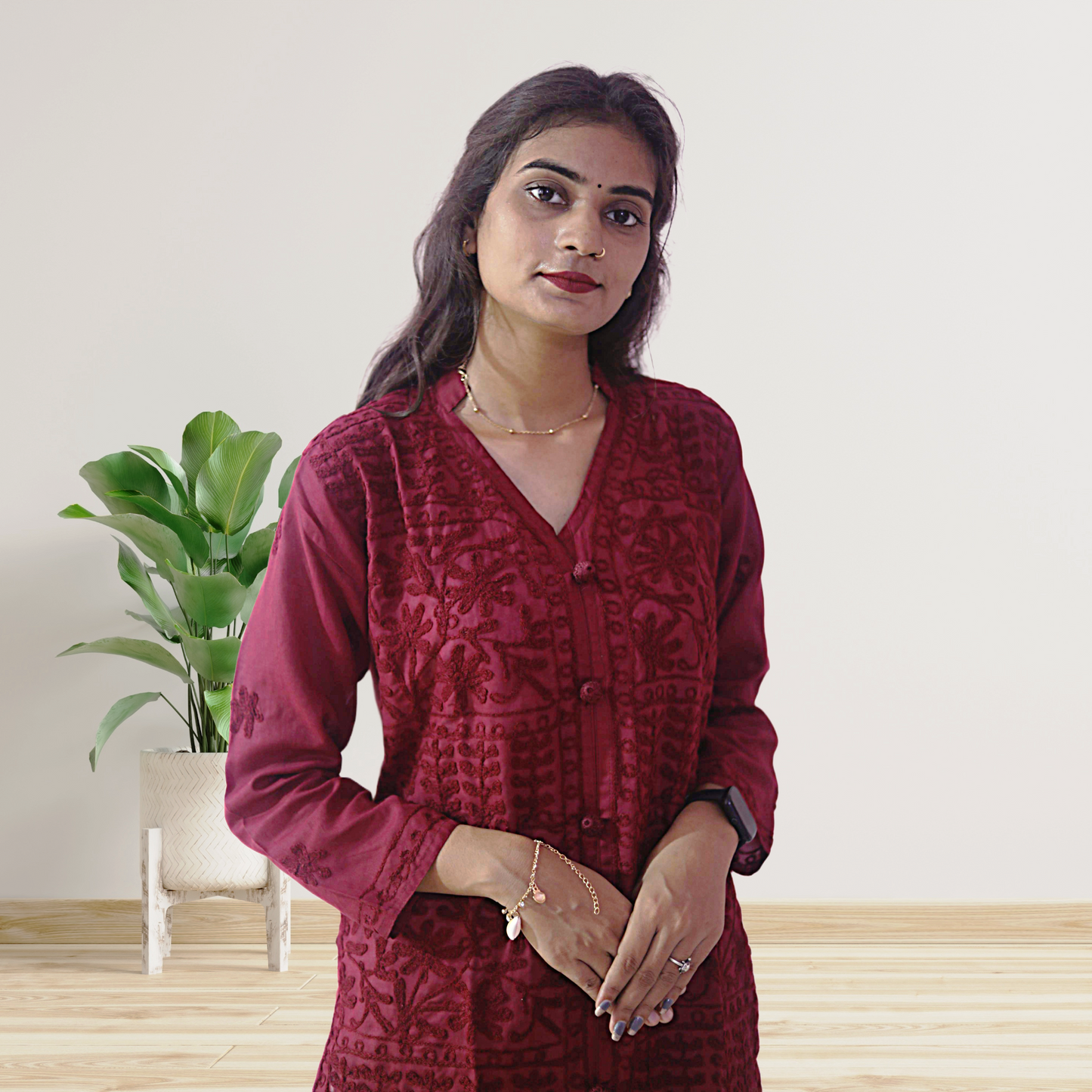 KurtiVerse White & Maroon Button Kurti Combo Pack Of 2
