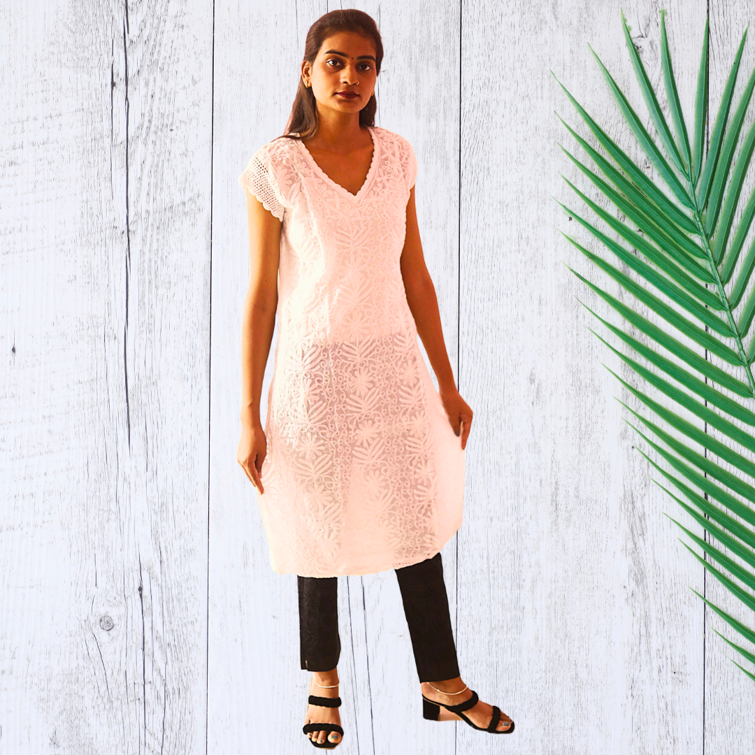 KurtiVerse Short Sleeve Cotton Chikan Embroidery Kurti for Women White