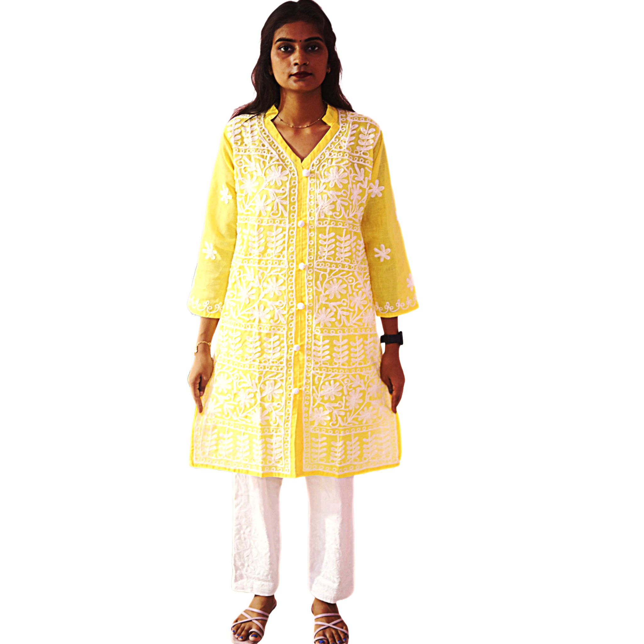 KurtiVerse Yellow Cotton Embroidery Kurti for Women