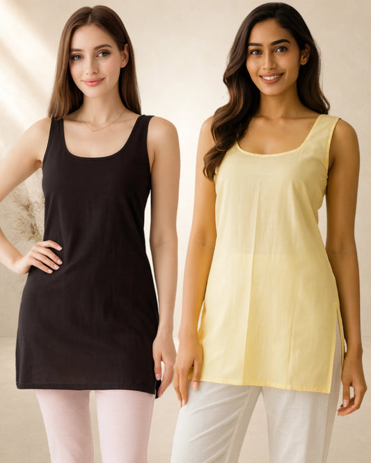 KURTIVERSE Women’s Cotton Short Inner Slip Combo Pack of 2 | Beige & Black